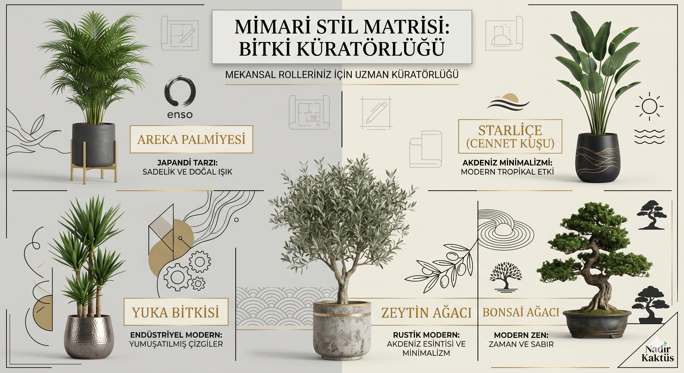 Sessiz lüks mimarisine uygun 5 kilit salon bitkisi ve iç mekan dekorasyon stili eşleşmeleri.