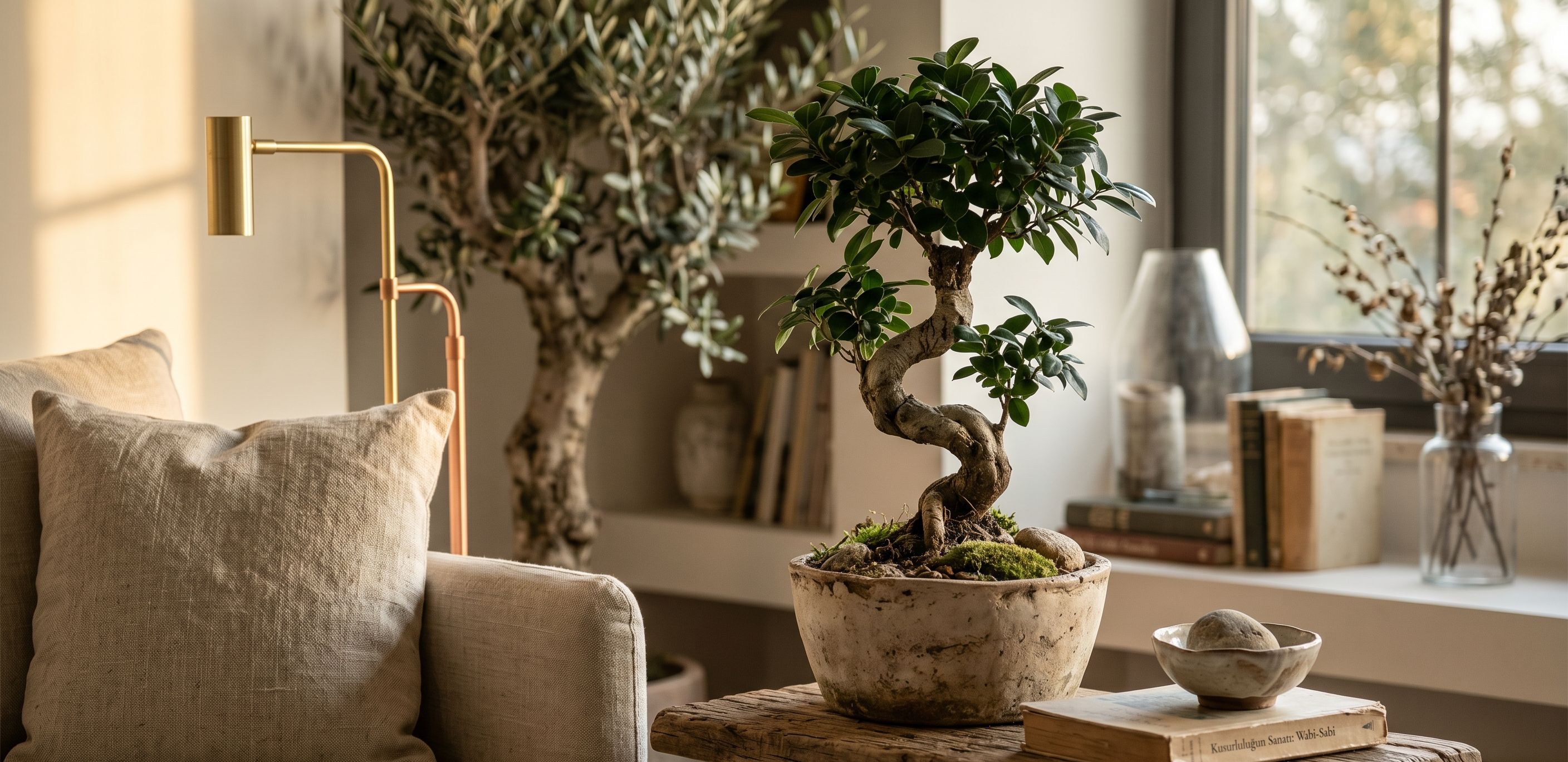 Wabi-Sabi felsefesini yansıtan dingin okuma köşesinde S-Gövde Bonsai ve organik detaylar.