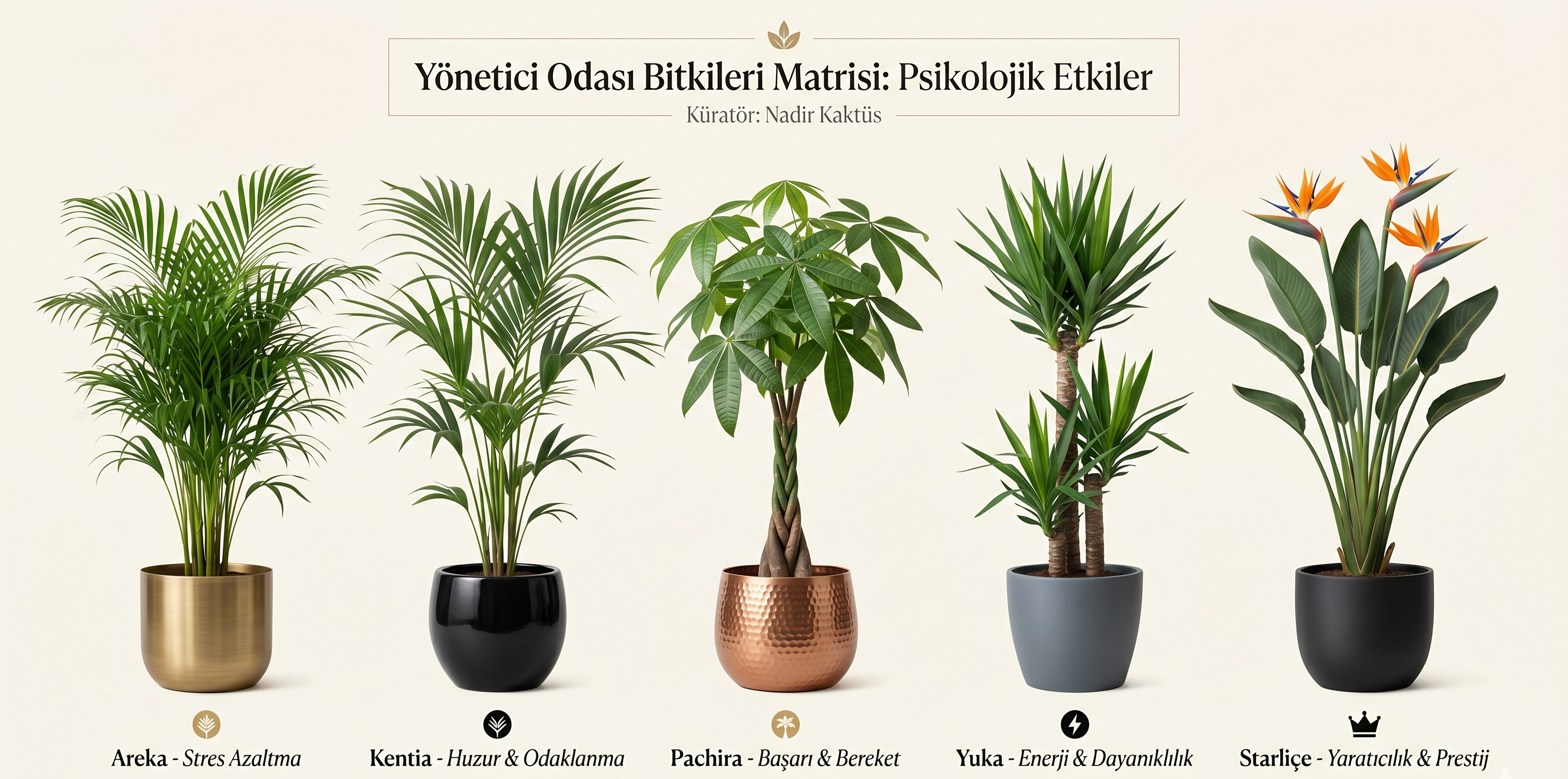 Yönetici odası bitkileri ve psikolojik etkilerini (Odaklanma, Prestij, Stress Azaltma) gösteren profesyonel tablo.