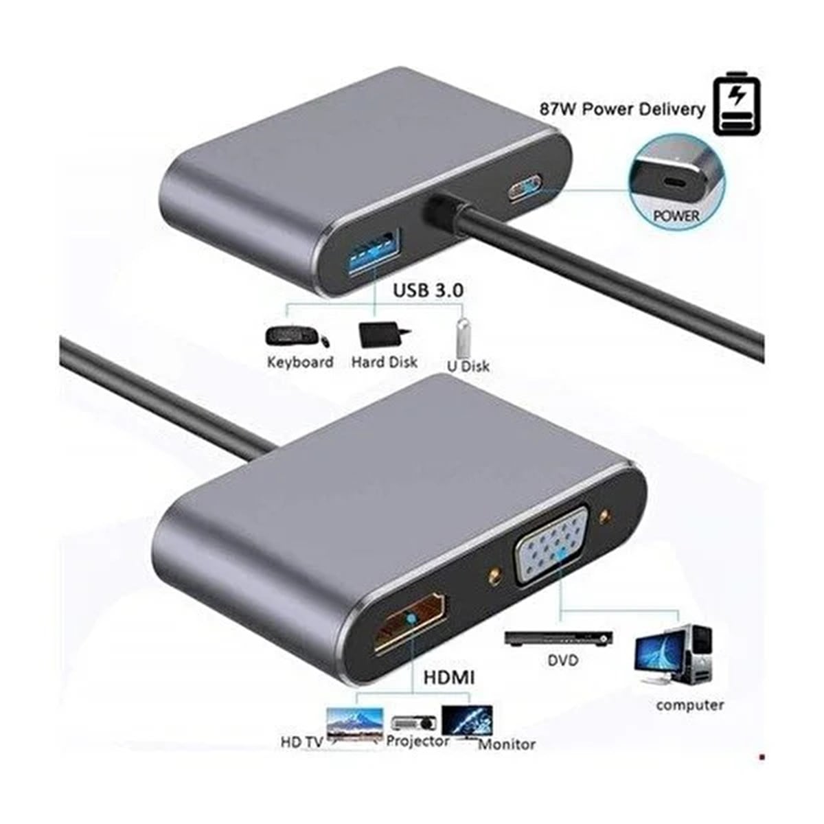 Daytona Fix FC02 4 in 1 Usb C To Hub PD Hdmi Vga Usb Adaptör
