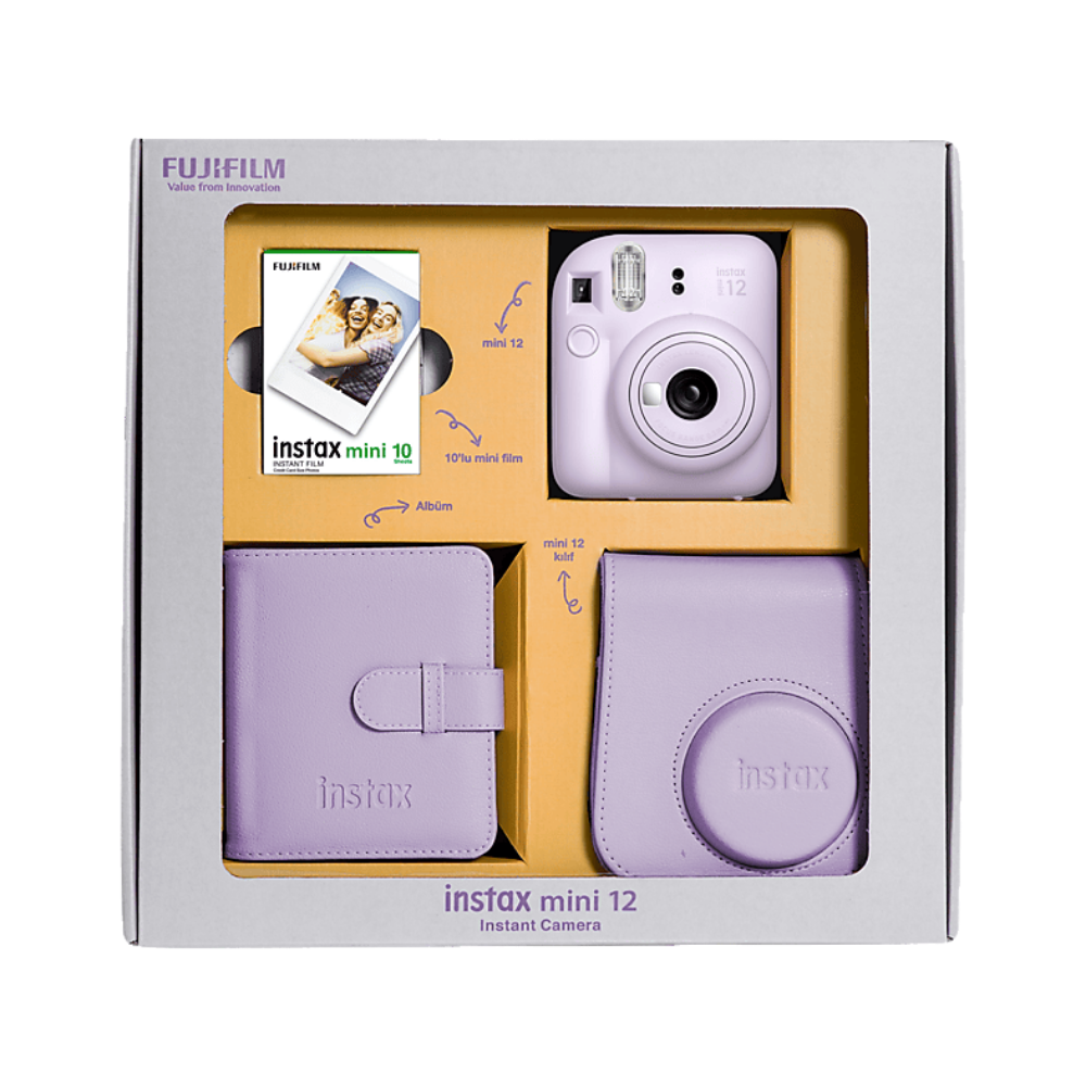 Fujifilm Instax Mini 12 Mor Fotoğraf Makinesi 10'lu Film Kare Albüm ve Deri Kılıf Bundle Box