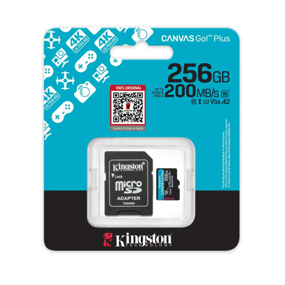 Kingston 256Gb SD Canvas Go+ 200MB/s Okuma 160MB/s Yazma Class 10, UHS-I, U3, V30 SDG4/256GB Hafıza Kartı 