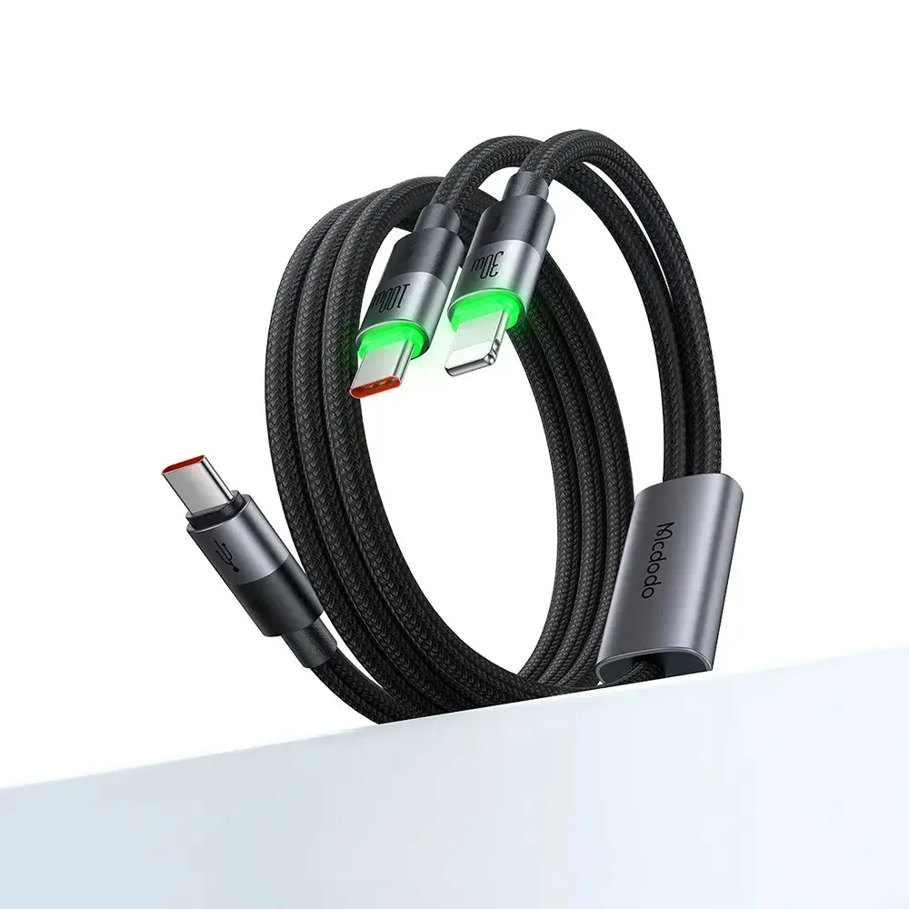 McDodo 2 in 1 (100W+30W) USB-C to Dual USB-C 1.2m CA-6700 Black Data Cable with LED