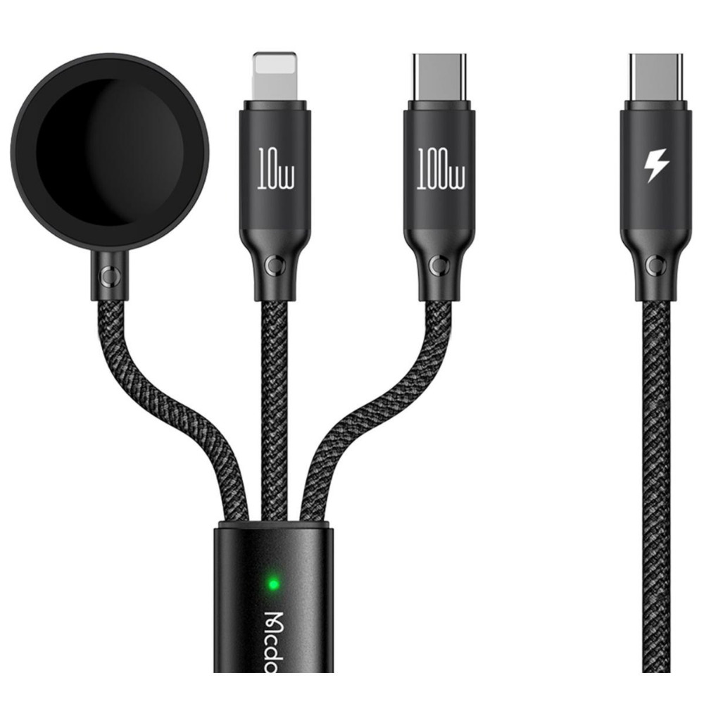 McDodo 3 in1 100W USB-C to Type-C and Lightning+ Wireless Charger for Apple Watch 1.5m CA-4940 Black Cable