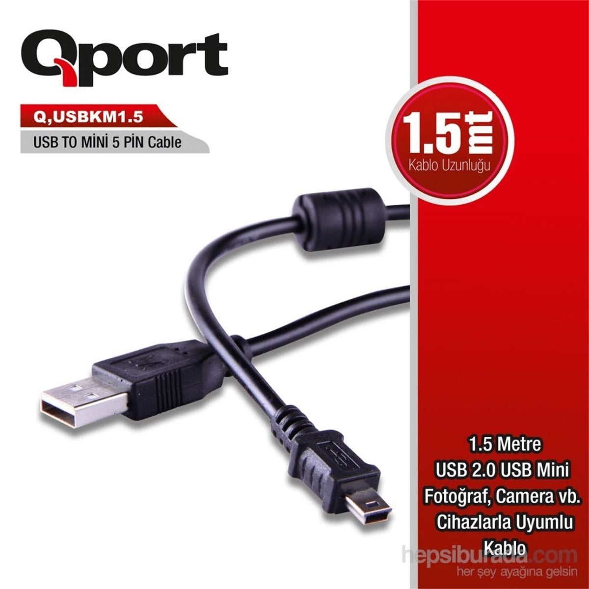 Qport 1.5 M 5Pin USB 2.0 Kamera Şarj+Data Kablosu (Q-USBKM1.5)