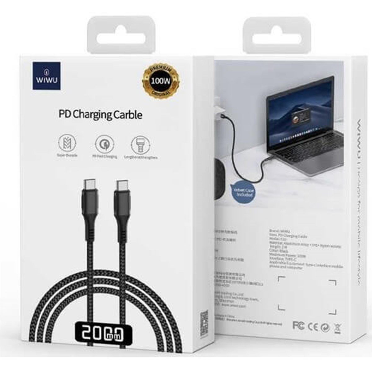 Wiwu F20 Type-C to Type-C Şarj ve Data Kablosu 2 mt Siyah