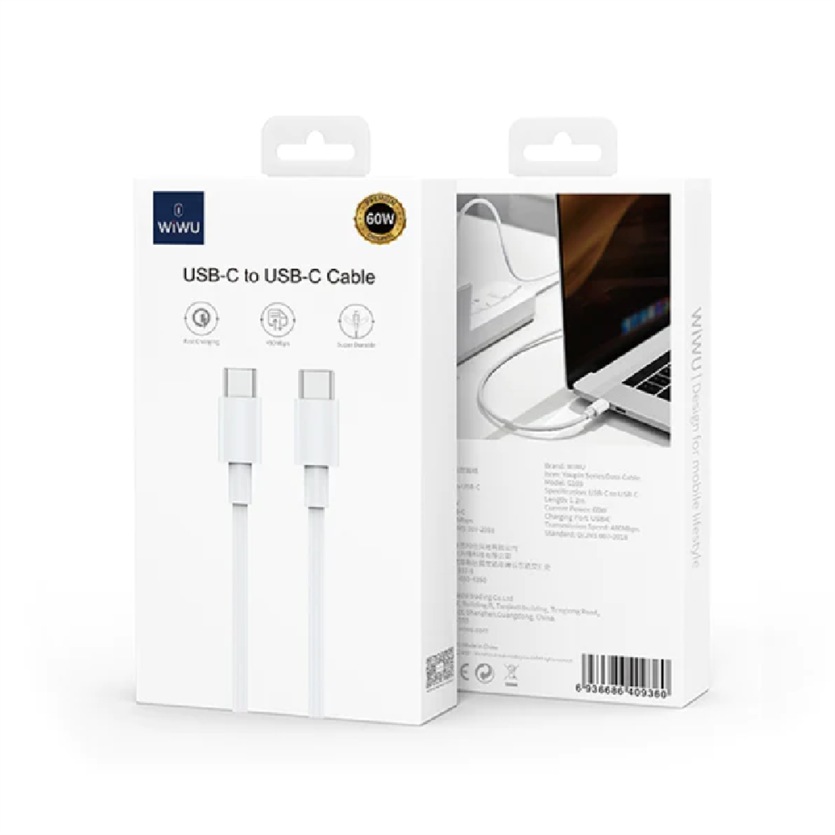 Wiwu G103 60W Type-C to Type-C 1.2M Beyaz Şarj Kablosu