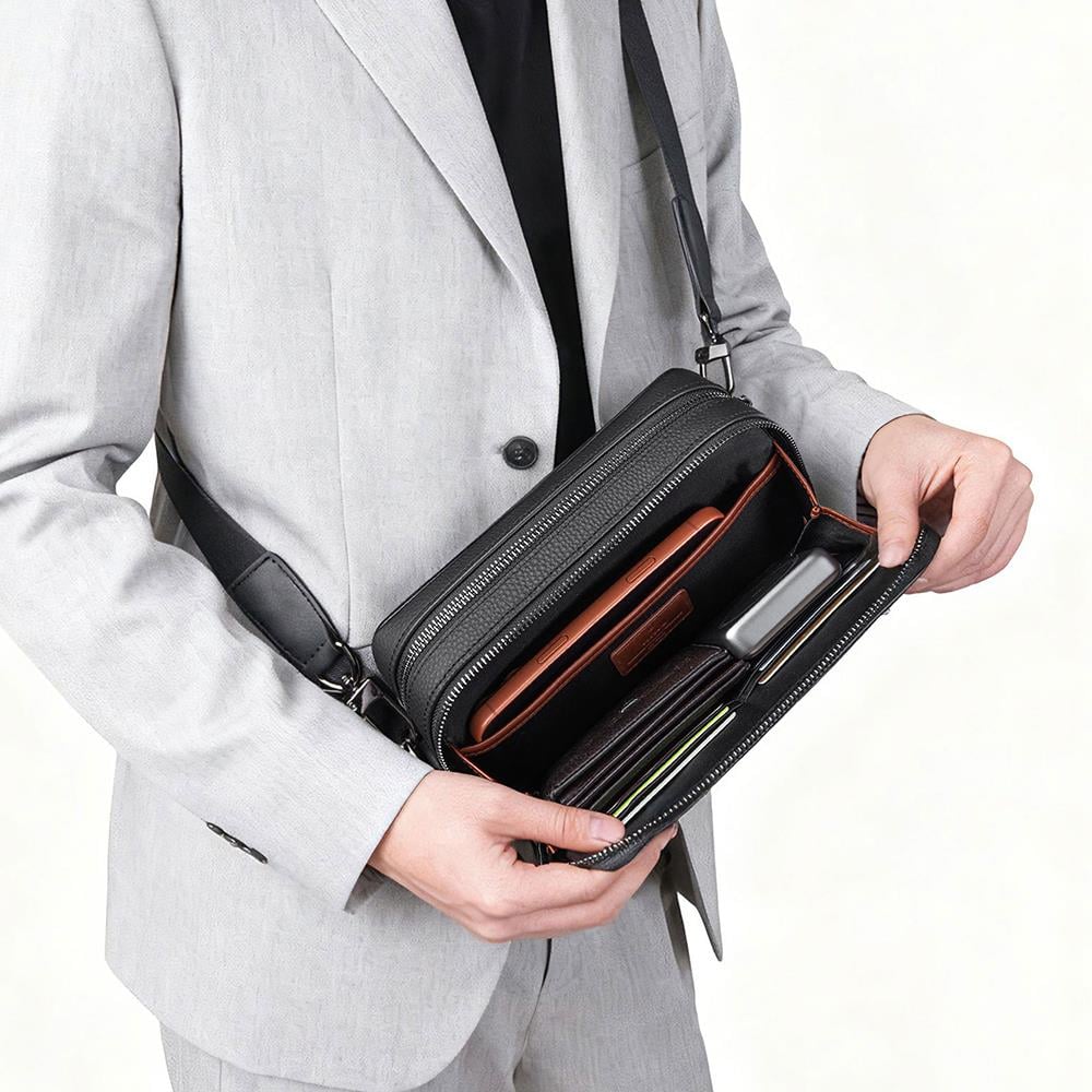 Wiwu Master Genuie Leather Serisi Parmak İzi Kilitli (FingerPrint) Çok Fonksiyonlu Siyah Deri Çapraz Vücut Çantası