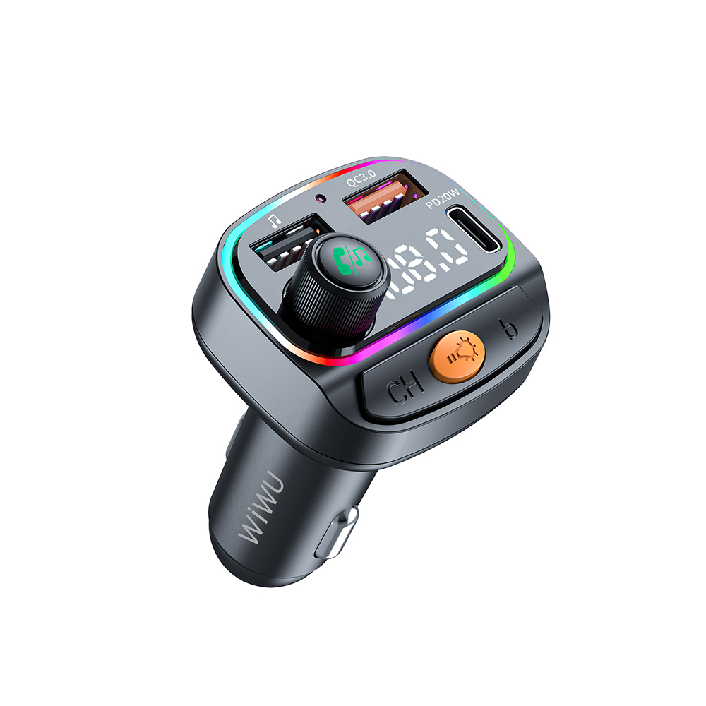Wiwu WI-QC031 Rgb Bluetooth Transmitter Mp3 Type-C ve Usb-A Araç Şarjı Siyah