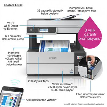 Epson L6490 Renkli Tanklı Fax/Fot/Tar/Yazıcı A4 Wi-Fi USB Eth 23/dk. Dubleks Tanklı Printer