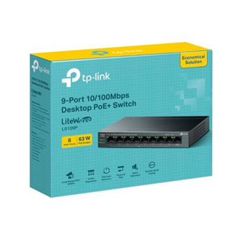 Tp-Link LS109P 8 Port 10/100 +1 Port RJ45 Uplink 63W 250 Metre Mesafe Metal Kasa Poe Switch 