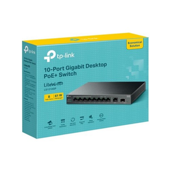 Tp-Link LS1210GP 8 Port Gigabit + 1XRJ45/1XSfp Uplink 61W 250 Metre Mesafe Metal Kasa Poe Switch