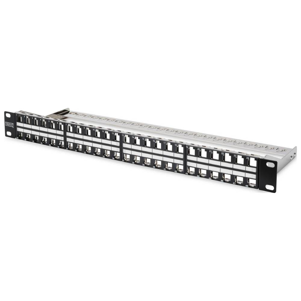 Digitus 48 Port Boş Patch Panel, Zırhlı Keystone Jack Takılabilir, 1U Yüksekliğinde, siyah RAL 9005 renk DN-91424