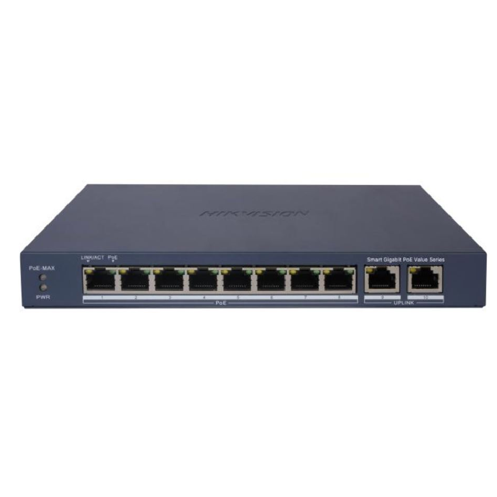 Hikvision DS-3E1510P-EI/M 8 Port Gigabit+2 Port RJ45 Uplink 60W 300 Metre Poe Mesafe Smart Yönetilebilir Switch 