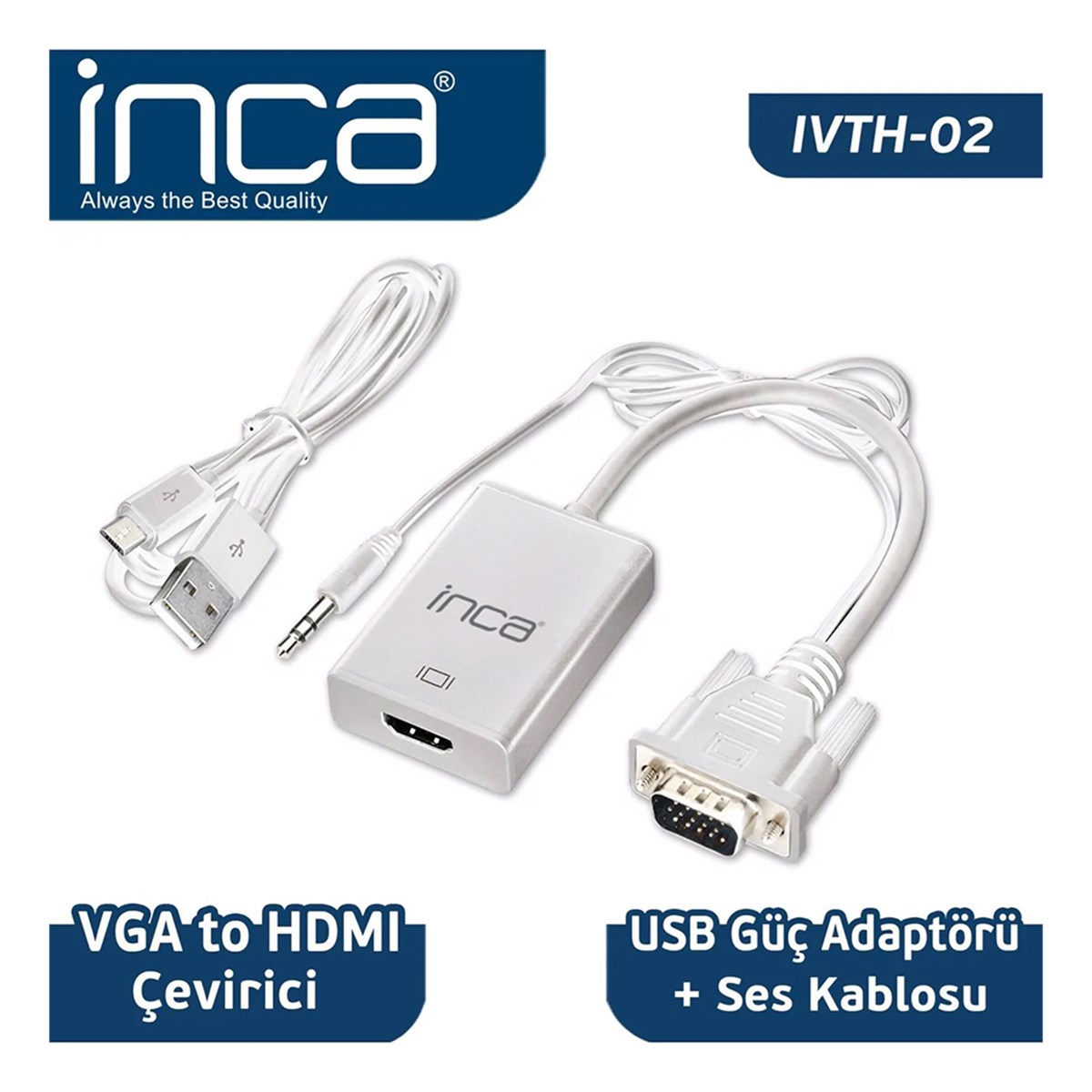 Inca VGA To HDMI Çevirici + USB Güç Adaptörü + Ses Kablosu (HDMI Dişi VGA Erkek ) IVTH-02