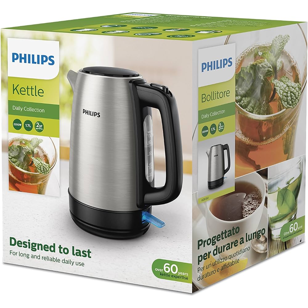 Philips HD9350/90 Çelik Su Isıtıcı, 1.7 L Hazne, 360 Dereceli Taban, Otomatik Kapanma, Gri [Enerji Sınıfı A+++]