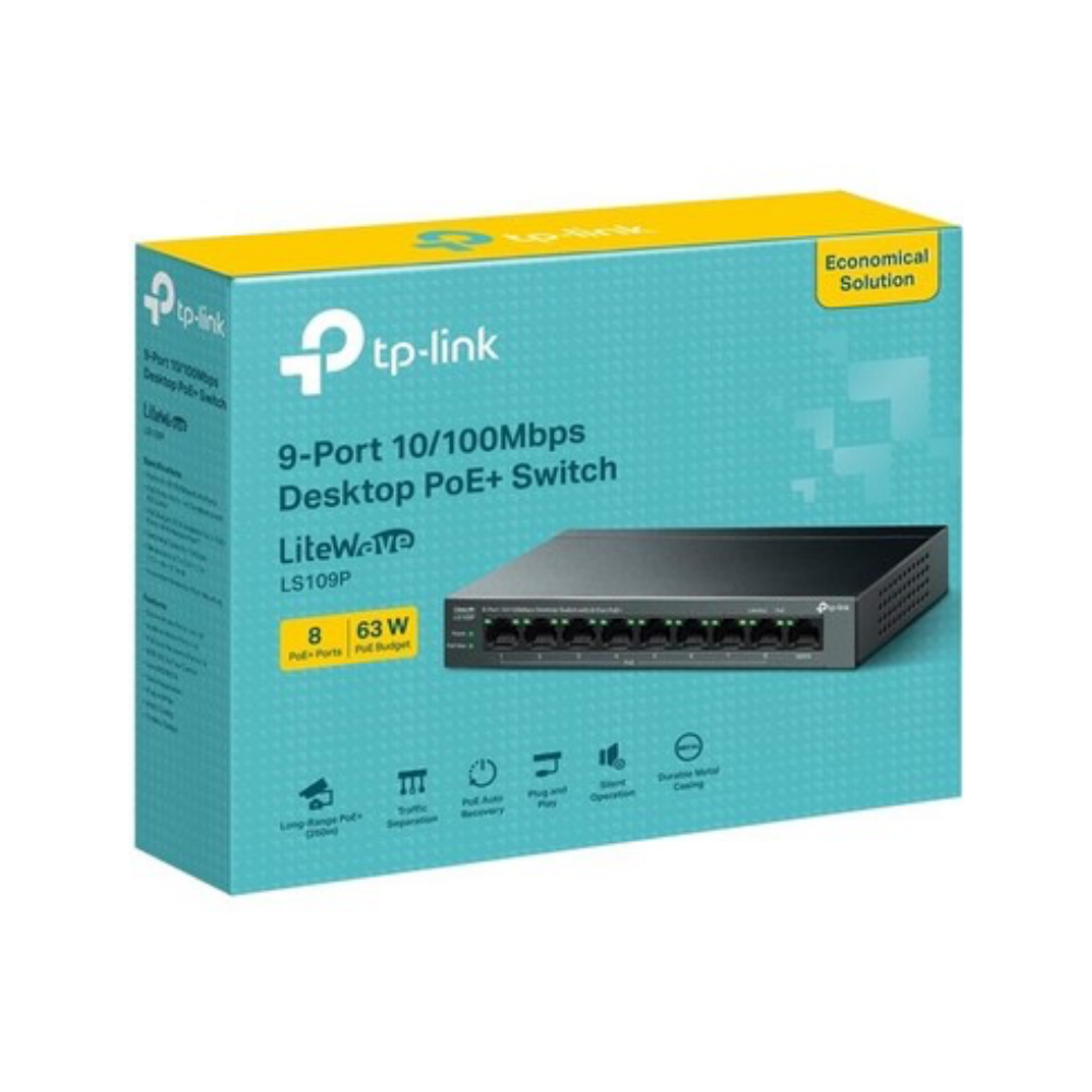 Tp-Link LS109P 8 Port 10/100 +1 Port RJ45 Uplink 63W 250 Metre Mesafe Metal Kasa Poe Switch 