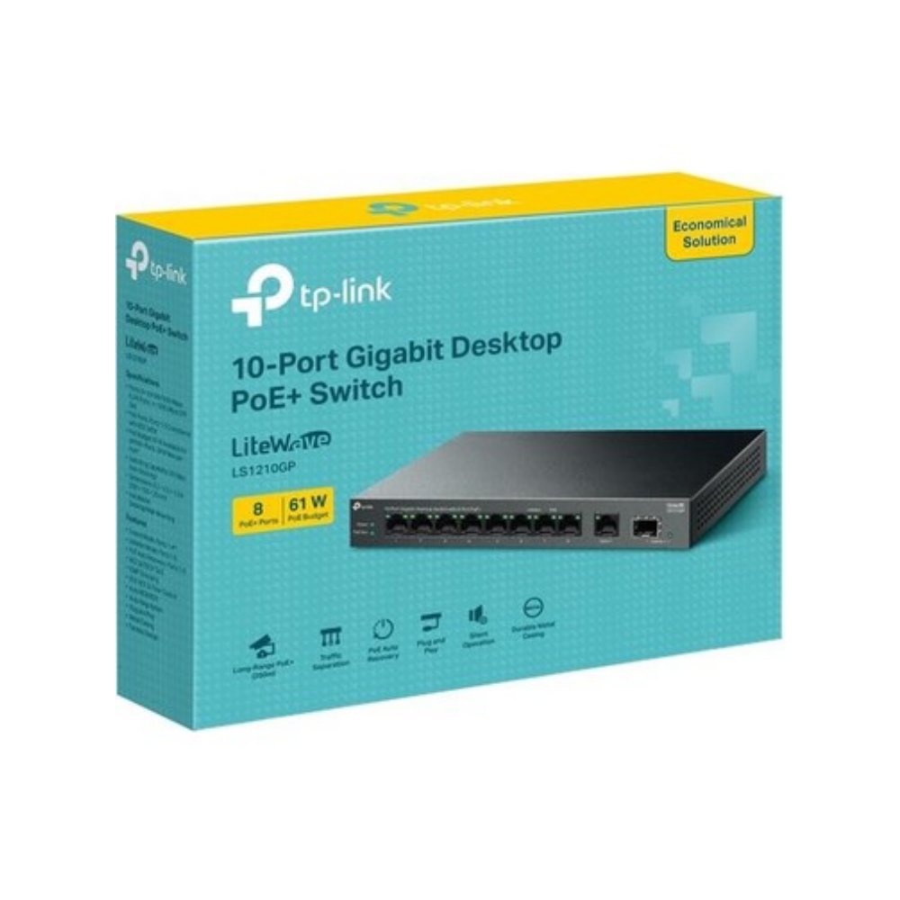 Tp-Link LS1210GP 8 Port Gigabit + 1XRJ45/1XSfp Uplink 61W 250 Metre Mesafe Metal Kasa Poe Switch