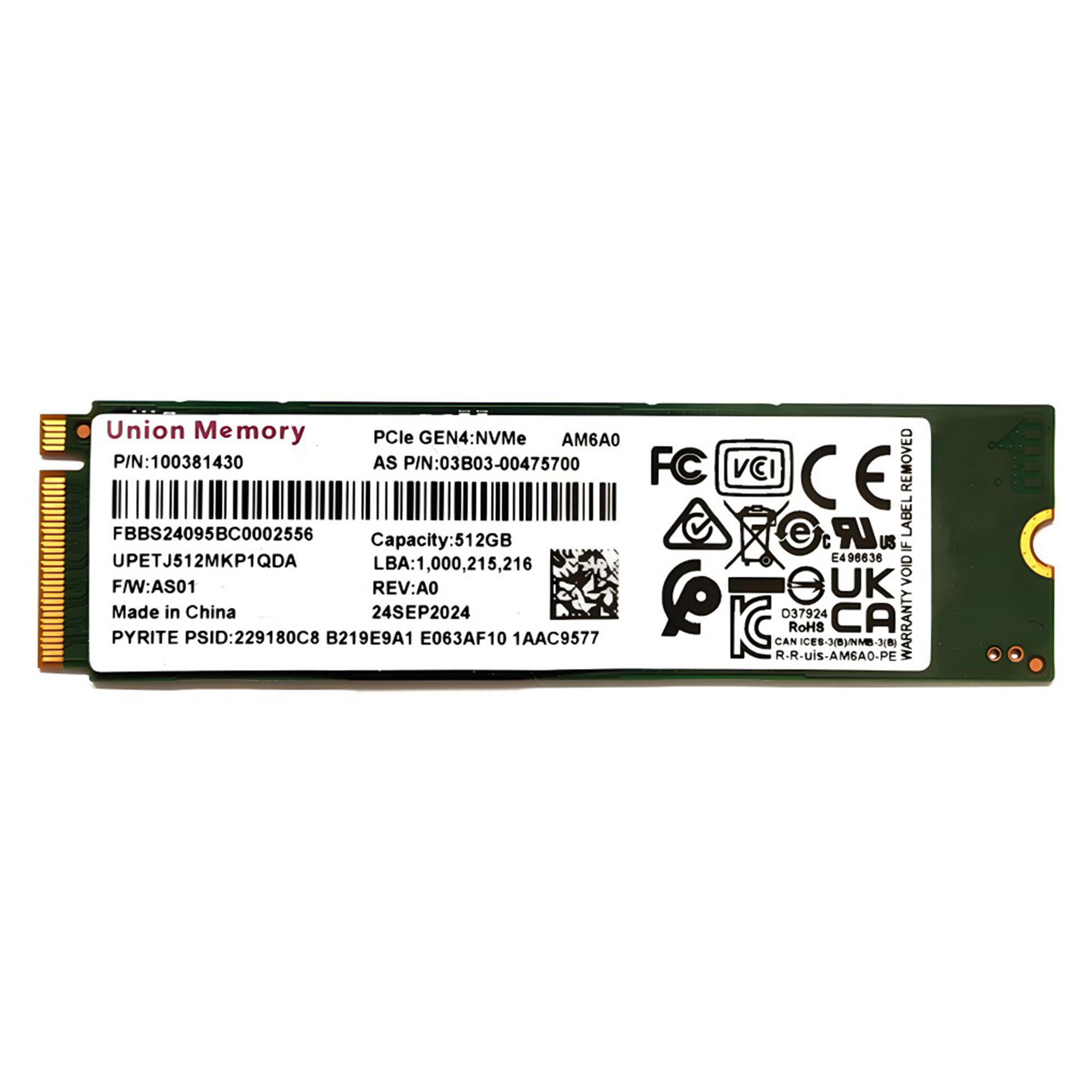 Union Memory AM6A0 512GB Pcie GEN4X4 3900-3100 Mb/s 2280 M.2 Nvme SSD