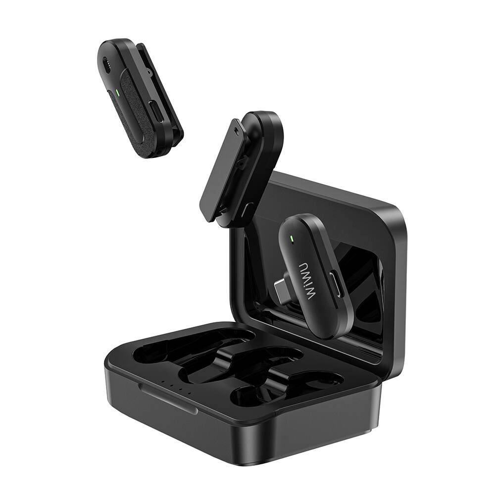 Wiwu Kablosuz Yaka Mikrofonu Lightning Şarj Portlu Wiwu WI-WM002 Canlı ikili Yayın Microphone Siyah
