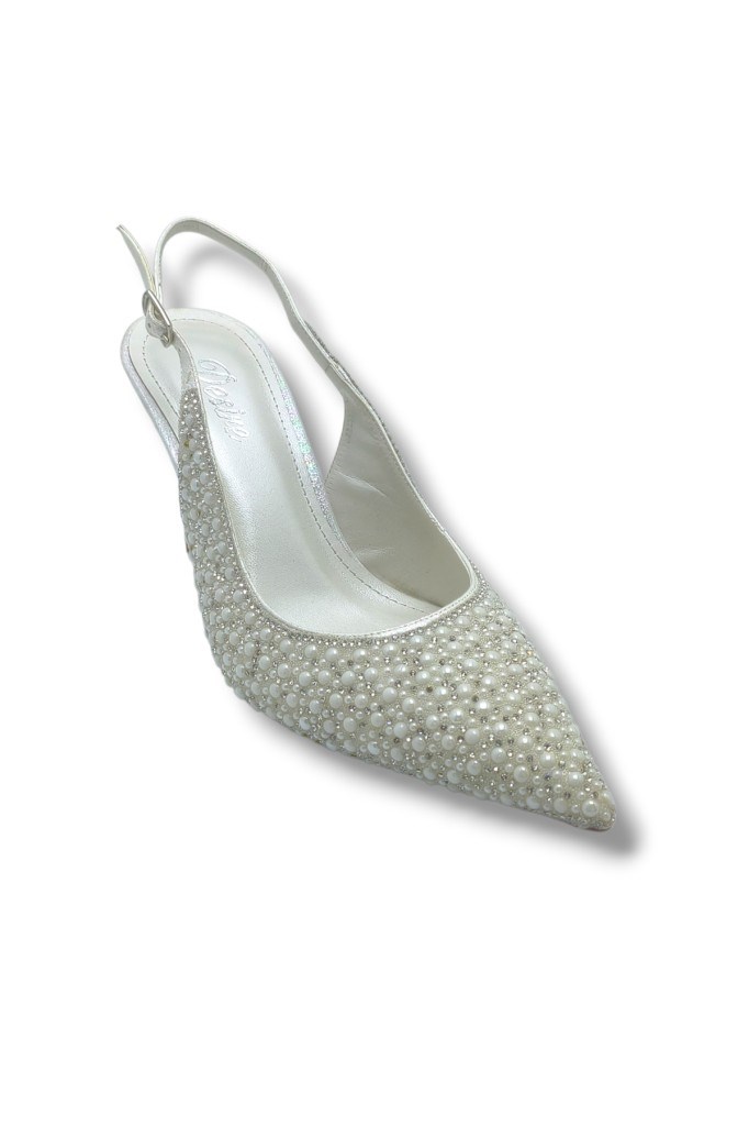 Desire 5012-26 Simli Saten İnci Taşlı İnce Topuk Kadın Stiletto 8,5cm