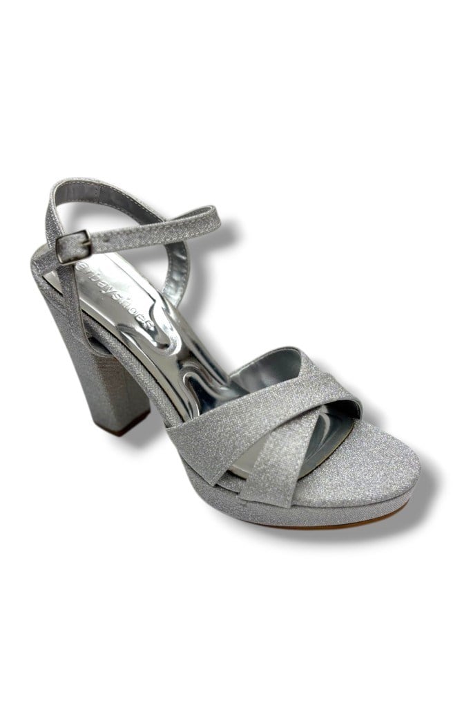 Erbay 308-26 Simli Saten Çapraz Bant Kalın Topuk Kadın Sandalet(11cm)