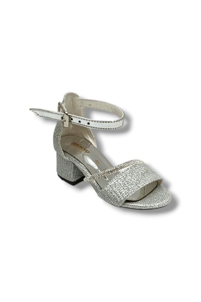 İremsu 7656-26 Simli Şerit Taşlı Topuklu Kız Çocuk Sandalet