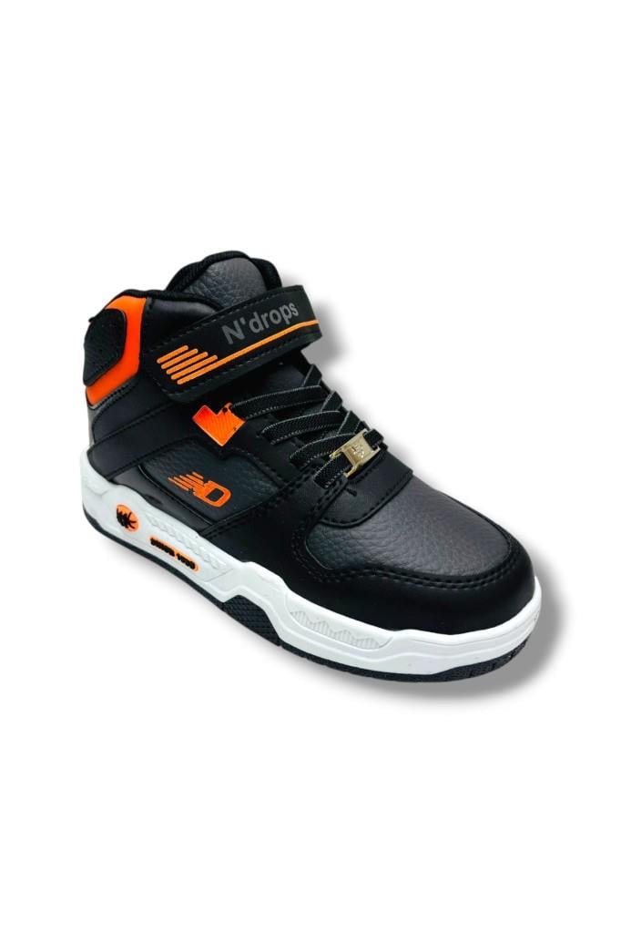 Ndrops 021-26 Deri Cırt Bantlı Çocuk Spor Bot Siyah Oranj 31-35