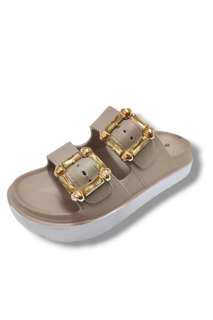 Akınal E474.Z.0000-25 Eva Altın Tokalı Çift Bant Kadın Terlik