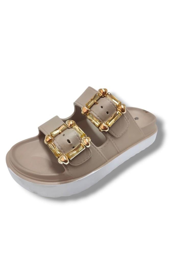 Akınal E474.Z.0000-25 Eva Altın Tokalı Çift Bant Kadın Terlik