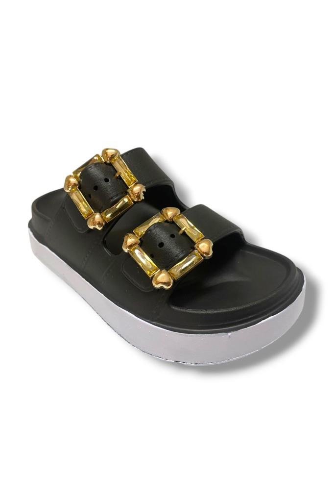 Akınal E474.Z.0000-25 Eva Altın Tokalı Çift Bant Kadın Terlik