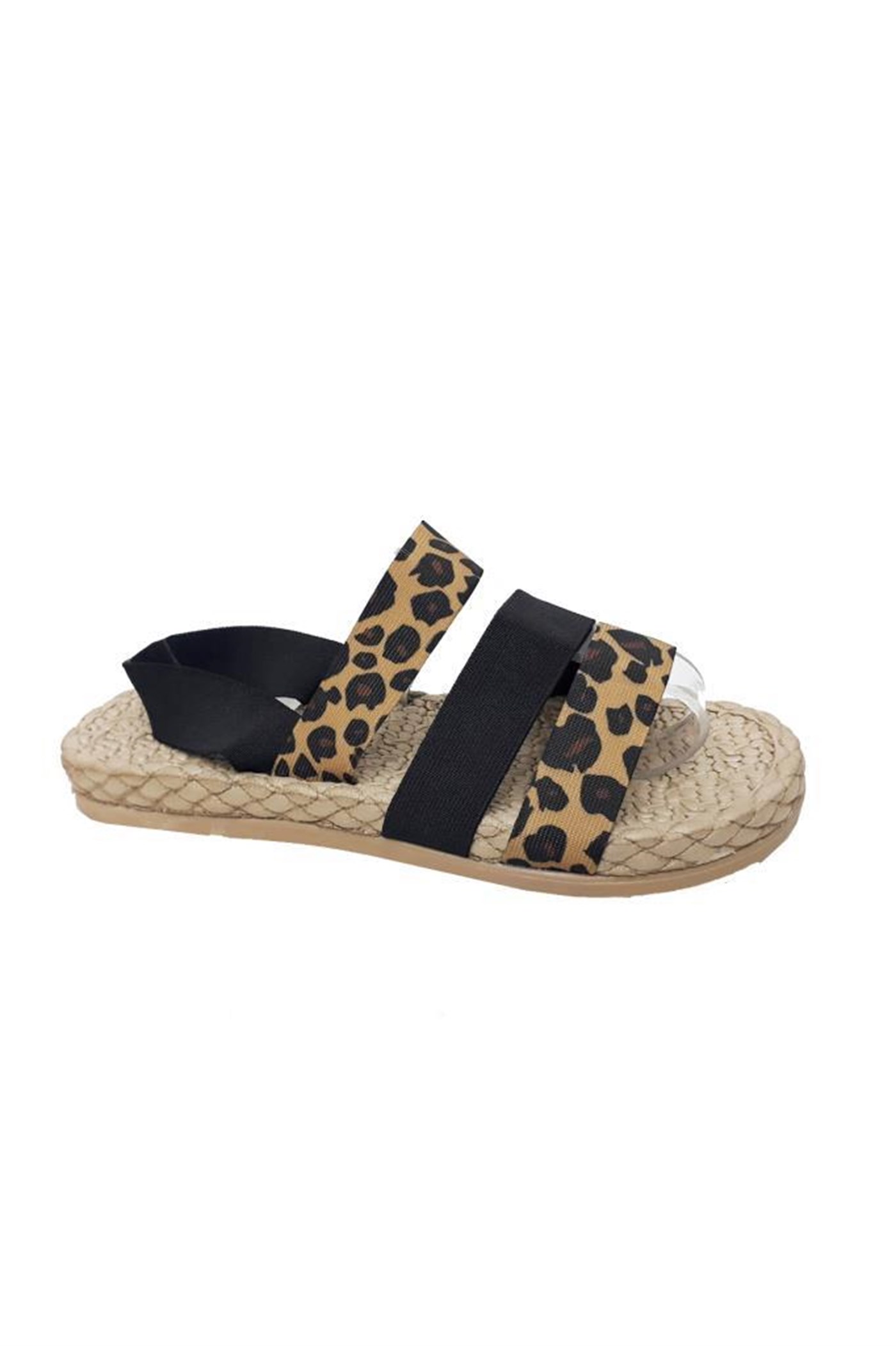 Apeks 1527 Hasır Taban Kadın Sandalet Siyah Leopar Desenli