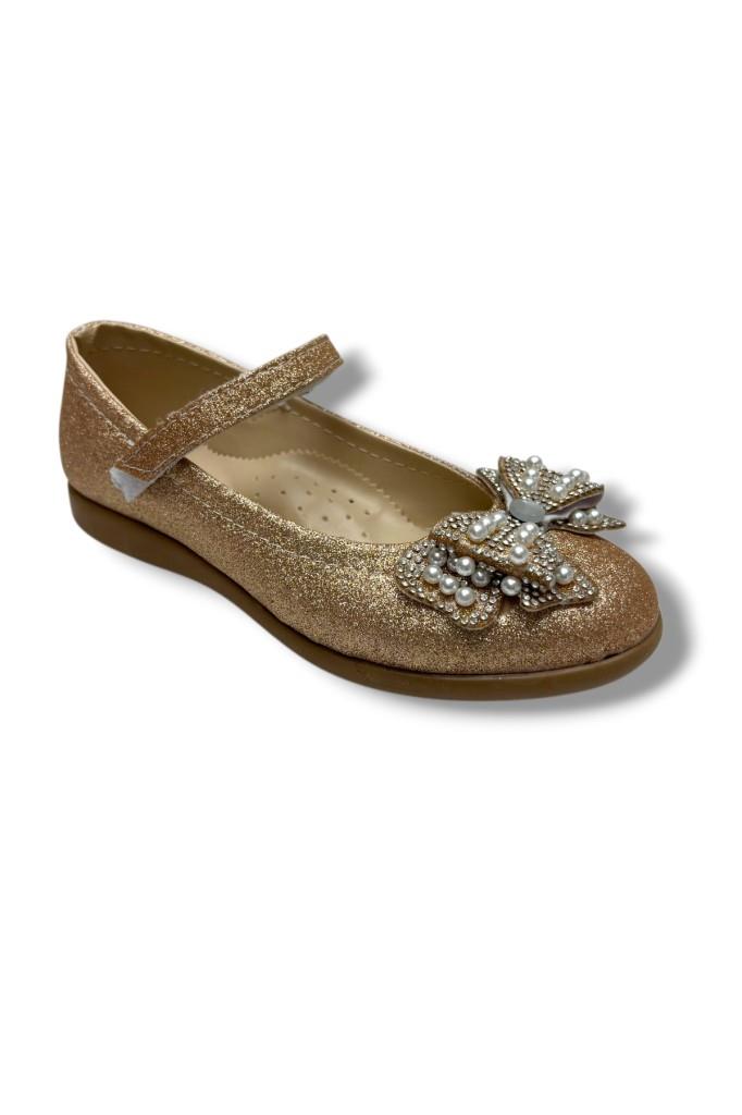 Arzen 240-26 Simli Deri İnci Taşlı Fiyonklu Kız Çocuk Babet 31-36
