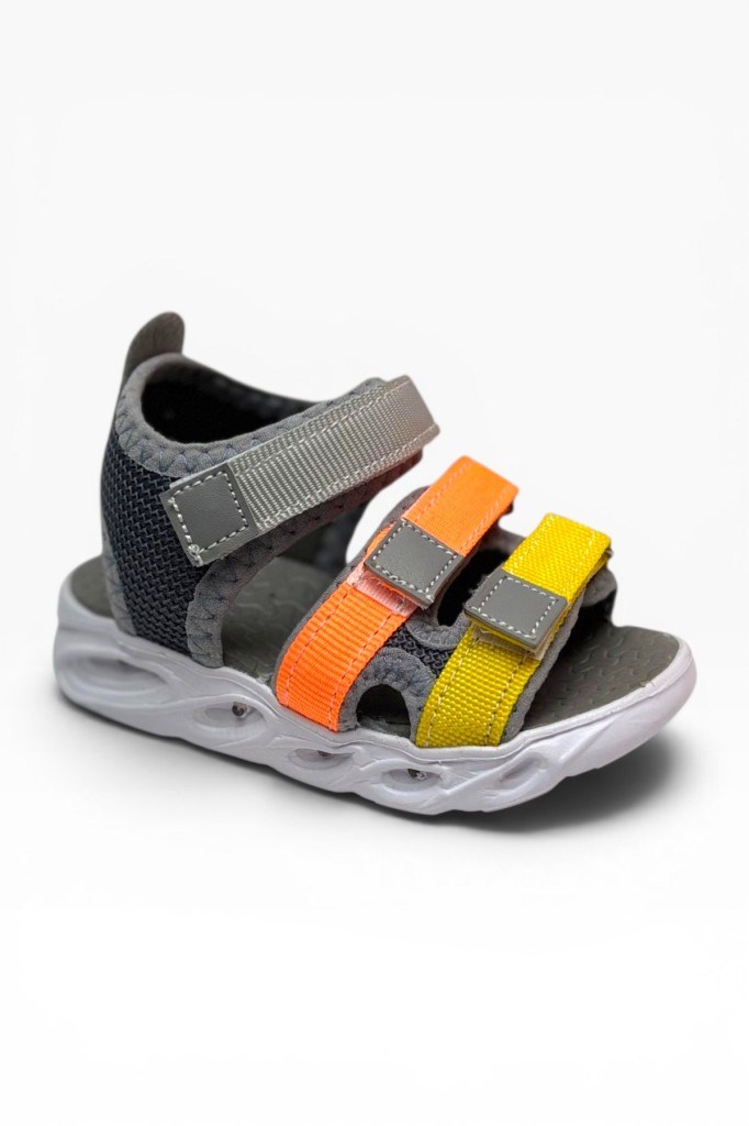 Arzen Bebe 232-26 3 Cırtlı Işıklı Anatomik Çocuk Sandalet Gri Turuncu Sarı 22-25