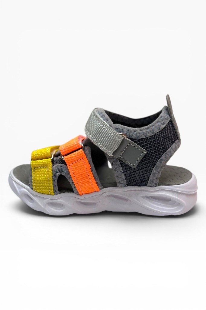 Arzen Bebe 232-26 3 Cırtlı Işıklı Anatomik Çocuk Sandalet Gri Turuncu Sarı 22-25