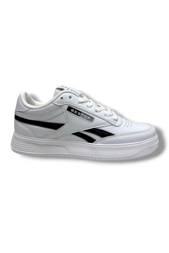 Best Of 2014-26 Cilt Deri Anatomik  Bağcıklı Sneaker Beyaz Siyah 36-40