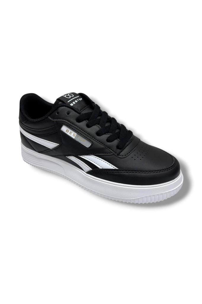 Best Of 2014-26 Cilt Deri Anatomik  Bağcıklı Sneaker Siyah Beyaz 36-40