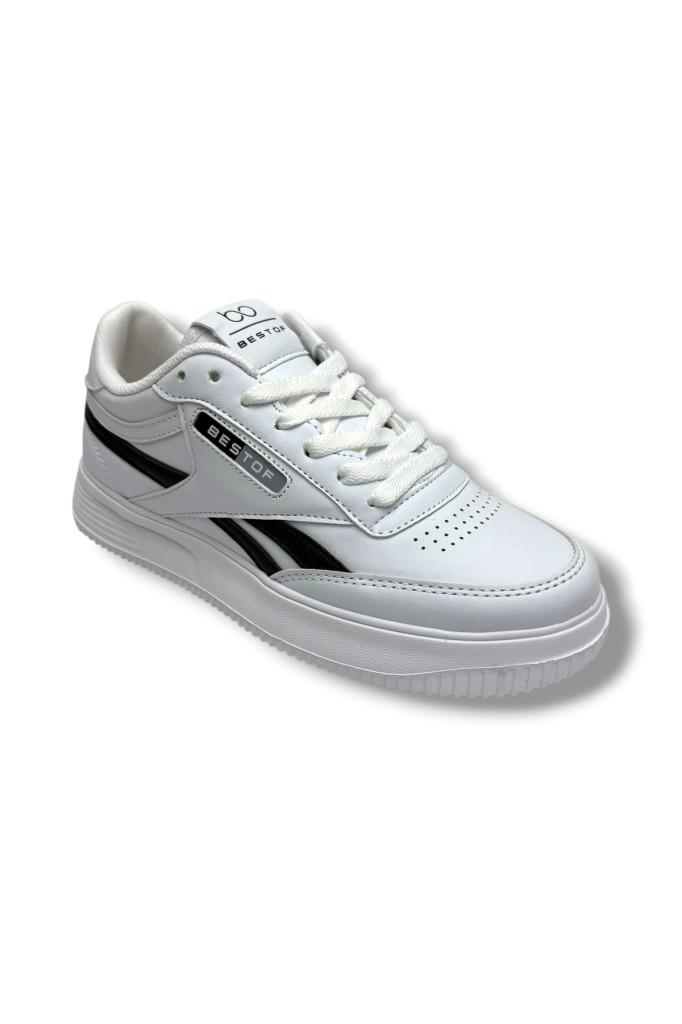 Best Of 2014-26 Cilt Deri Anatomik  Bağcıklı Sneaker Beyaz Siyah 36-40