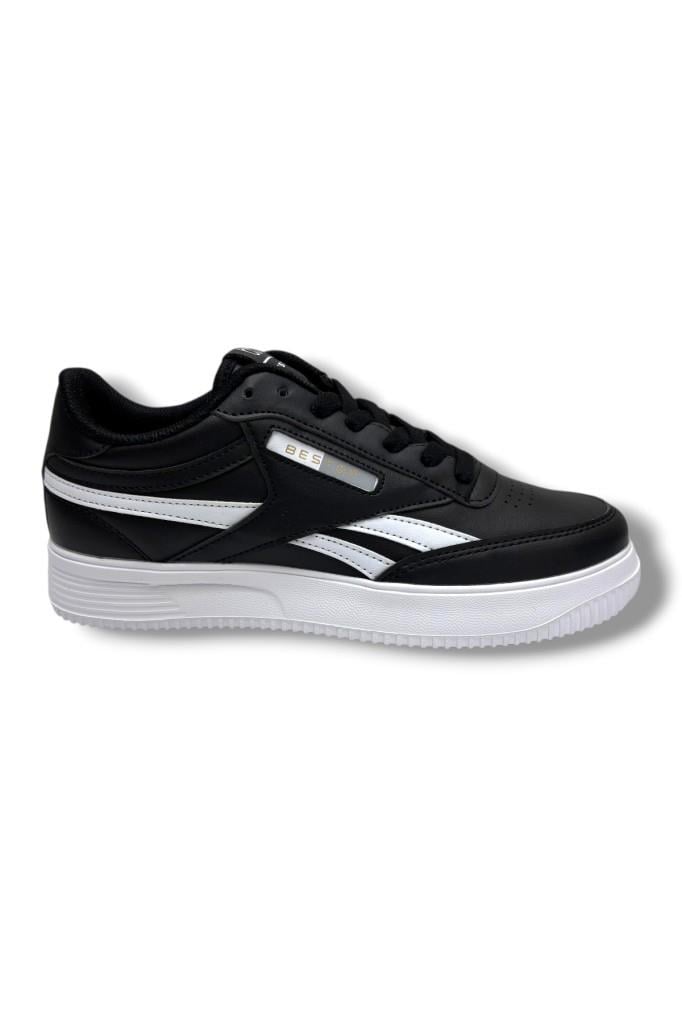 Best Of 2014-26 Cilt Deri Anatomik  Bağcıklı Sneaker Siyah Beyaz 36-40