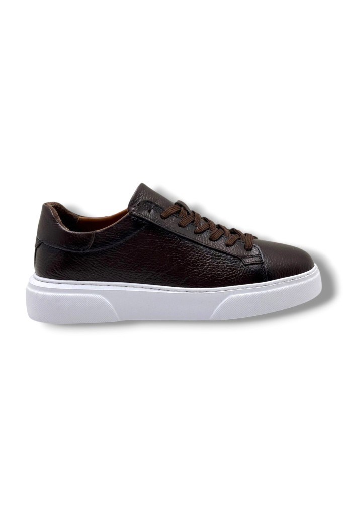 BRT LF-050-26 Hakiki Baskı Deri Anatomik Erkek Sneaker Kahve Beyaz