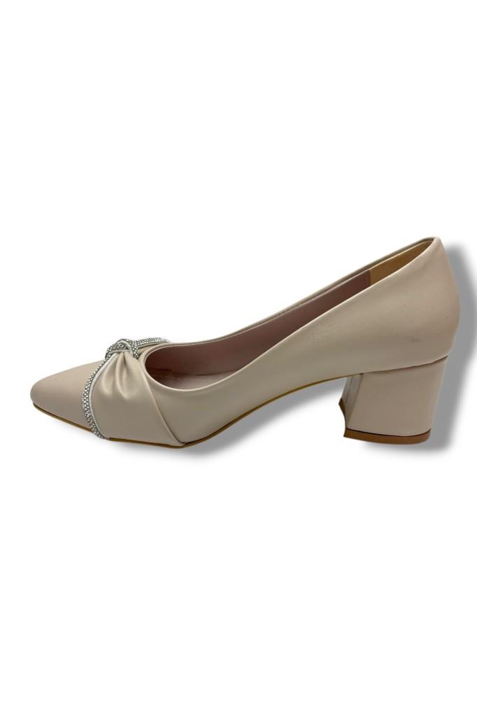 C-Shoes 150-26 Cilt Deri Düğüm Taşlı Kalın Topuk Kadın Ayakkabı 38-40
