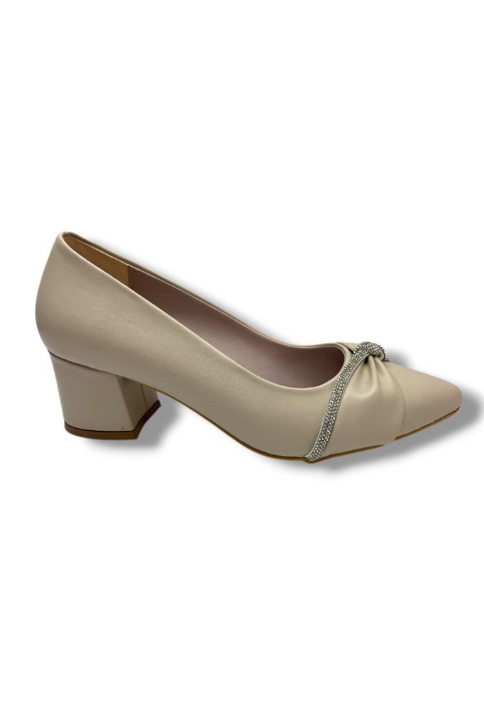 C-Shoes 150-26 Cilt Deri Düğüm Taşlı Kalın Topuk Kadın Ayakkabı 38-40