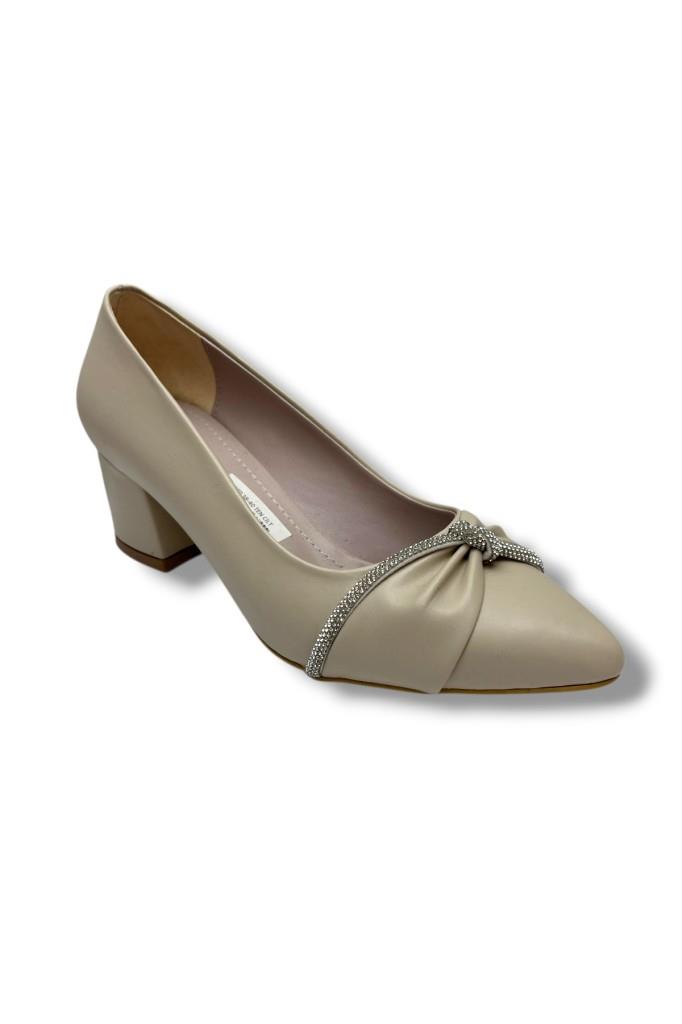 C-Shoes 150-26 Cilt Deri Düğüm Taşlı Kalın Topuk Kadın Ayakkabı 38-40