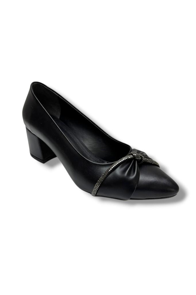 C-Shoes 150-26 Cilt Deri Düğüm Taşlı Kalın Topuk Kadın Ayakkabı 38-40