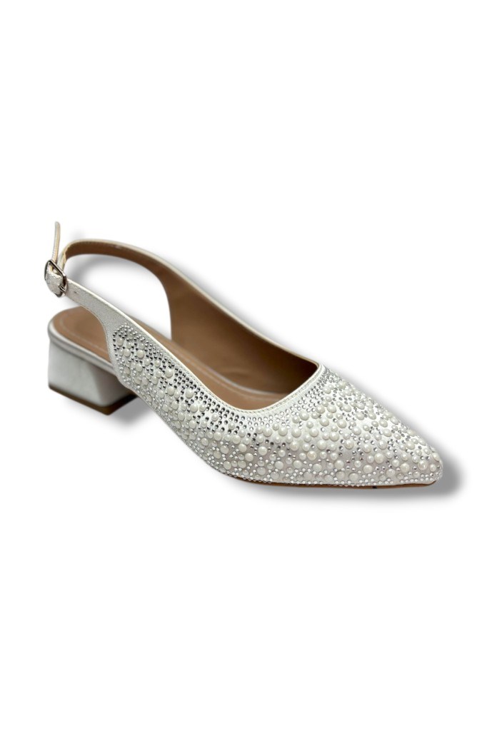C-Shoes 2605-26 Saten İncili Taşlı Kare Topuk Arkası Açık Kadın Ayakkabı