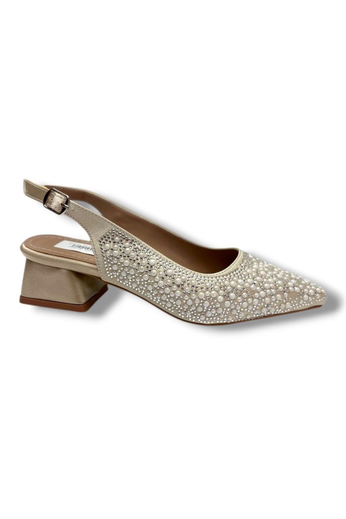 C-Shoes 2605-26 Saten İncili Taşlı Kare Topuk Arkası Açık Kadın Ayakkabı