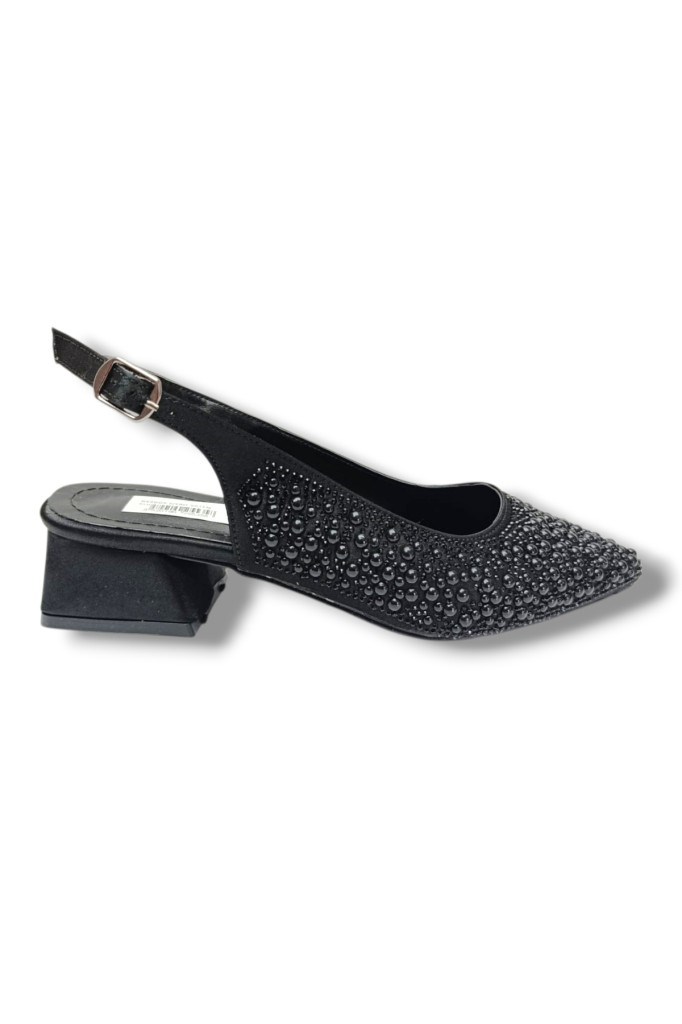 C-Shoes 2605-26 Saten İncili Taşlı Kare Topuk Arkası Açık Kadın Ayakkabı