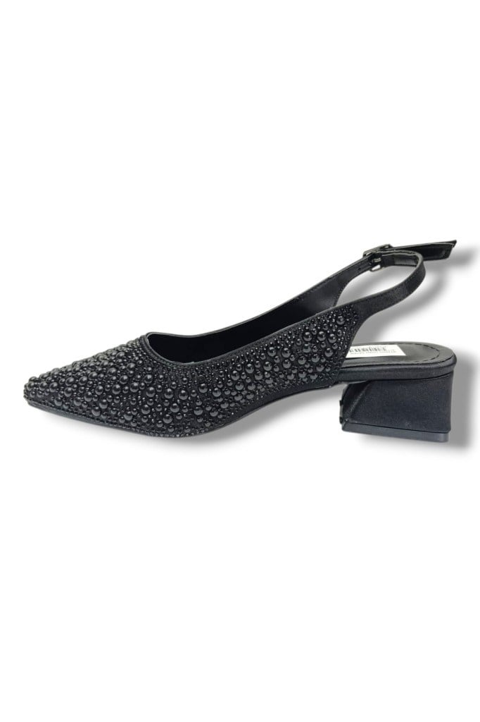 C-Shoes 2605-26 Saten İncili Taşlı Kare Topuk Arkası Açık Kadın Ayakkabı