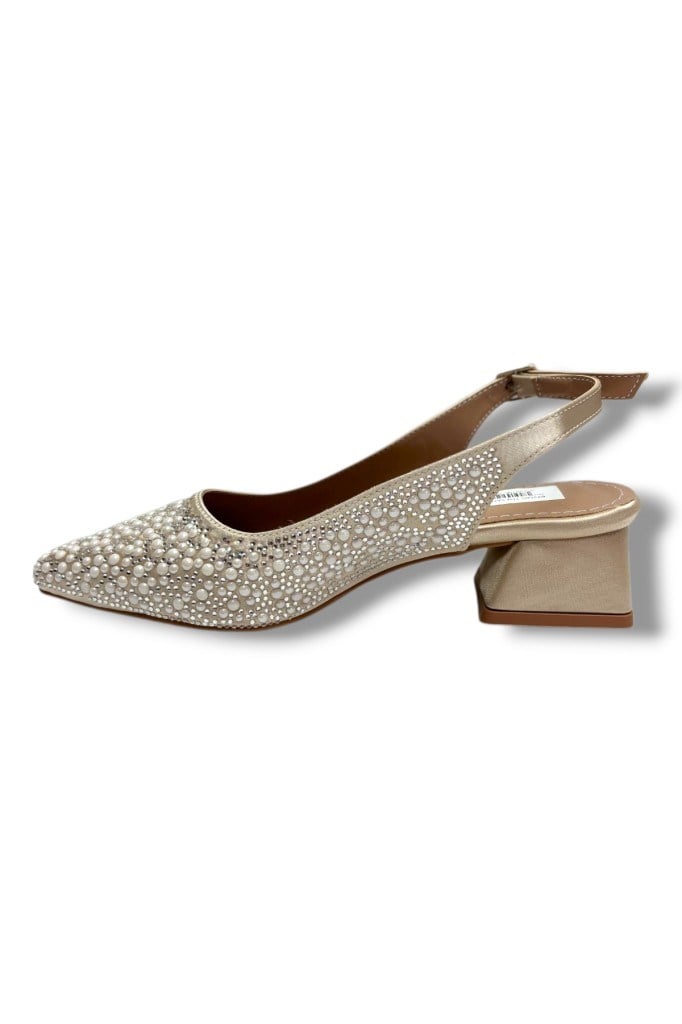 C-Shoes 2605-26 Saten İncili Taşlı Kare Topuk Arkası Açık Kadın Ayakkabı