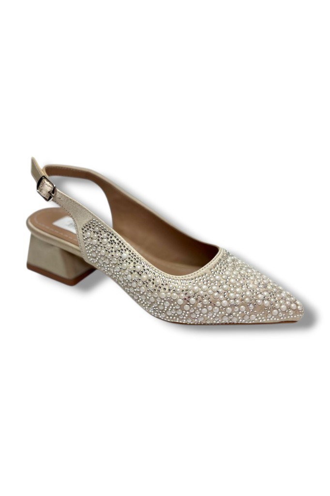 C-Shoes 2605-26 Saten İncili Taşlı Kare Topuk Arkası Açık Kadın Ayakkabı